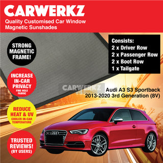 Audi A3 S3 Sportback 2013-2020 3rd Generation (8V) Germany Hatchback Car Customised Magnetic Sunshades - CarWerkz.com