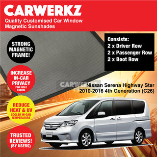 Customised Window Magnetic Sunshades for Nissan Serena Highway Star 2010-2016 4th Generation (C26) Japan MPV - CarWerkz.com