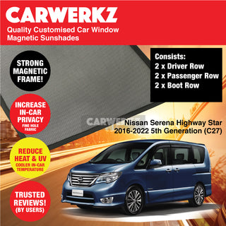 Customised Window Magnetic Sunshades for Nissan Serena Highway Star 2016-2022 5th Generation (C27) Japan MPV - CarWerkz.com