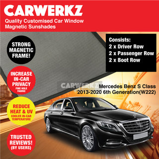 Customised Window Magnetic Sunshades for Mercedes Benz S Class 2013-2020 6th Generation (W222) (Short Wheel Base) Germany Sedan - CarWerkz.com