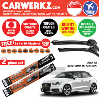 Autobacs Seven Japan Teflon Coated Flex Aerodynamic Wiper Blade with 10 Adaptors for Audi A1 2010-2019 First Generation (8X) (24 inch + 16 inch) - CarWerkz
