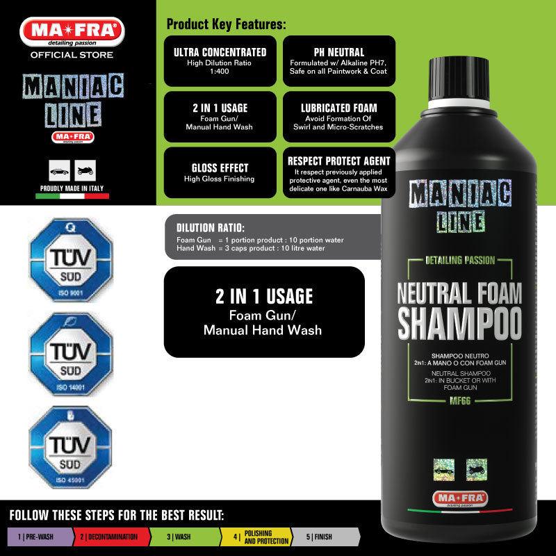 Mafra Maniac Line Neutral Foam Shampoo 1L (2 in 1 Premium PH Neutral Car Shampoo for both Foam Gun and Manual Hand Wash) - carwerkz sg singapore