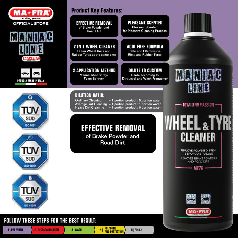 Mafra Maniac Line Wheels and Tyres Cleaner 1L (Xtreme Powerful Effective and pleasant scented 2 in 1 solution to clean tyres and rims cleaner) - carwerkz singapore sg