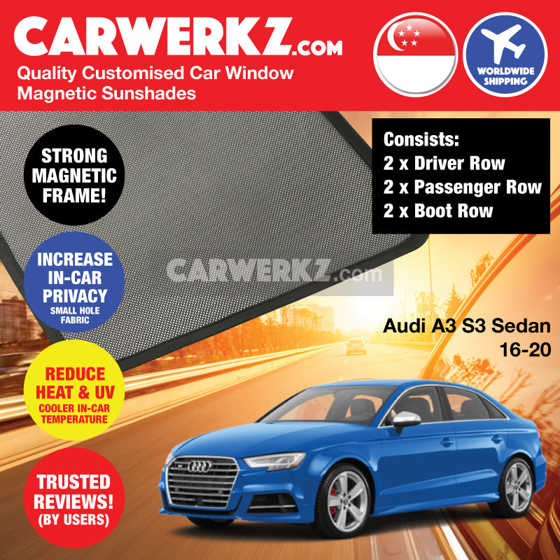 Audi A3 S3 Sedan 2013-2020 3rd Generation (8V) Customised Germany Car Window Magnetic Sunshades - CarWerkz