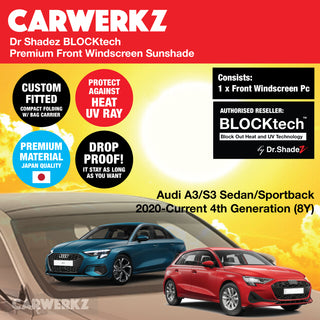 Dr Shadez BLOCKtech Premium Front Windscreen Foldable Sunshade for Audi A3 S3 Sedan Sportback 2020-Current 4th Generation (8Y) Germany Sedan