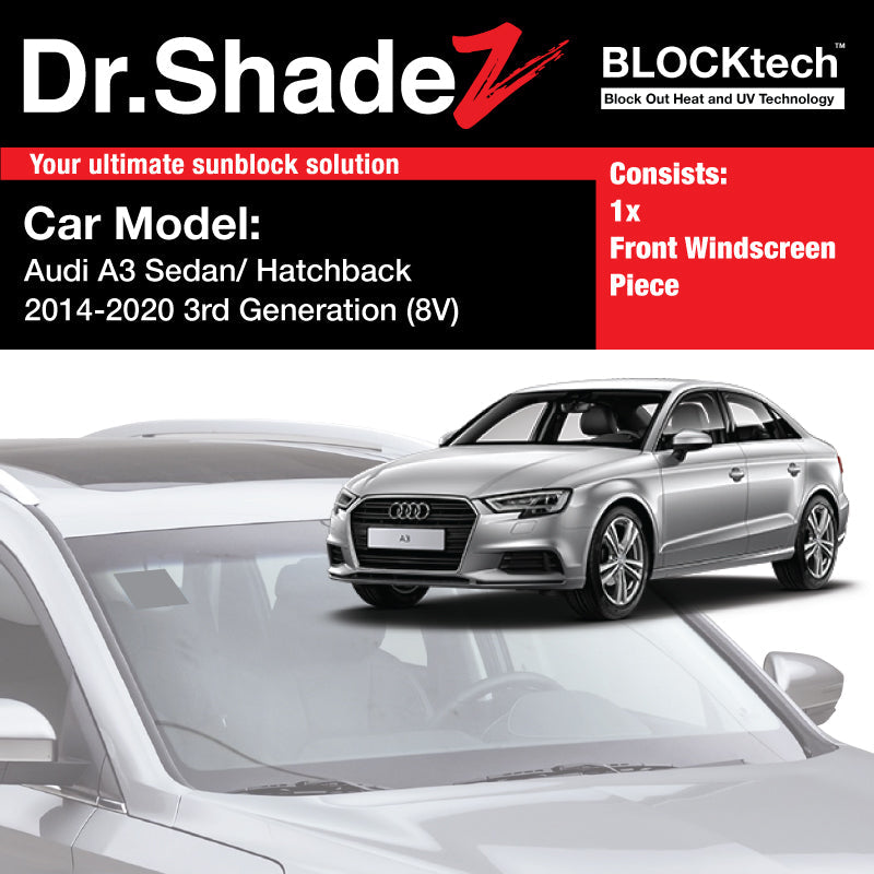 Dr Shadez BLOCKtech Premium Front Windscreen Foldable Sunshade for Audi A3 Sedan Hatchback 2013-2020 3rd Generation (8V)