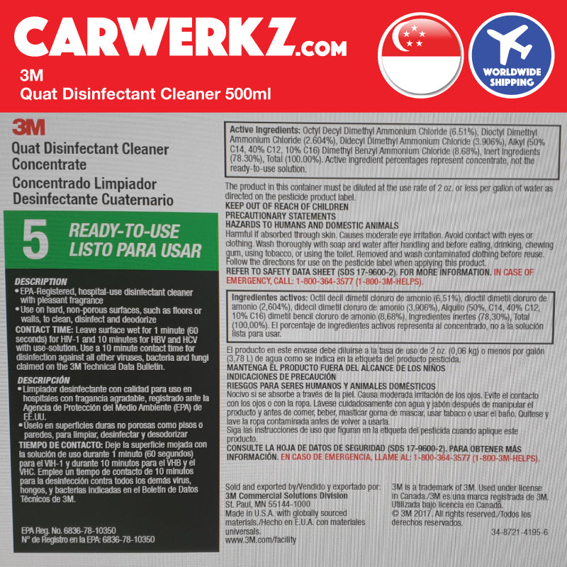 3M Quat Disinfectant Cleaner Spray Ready To Use 500ml - CarWerkz