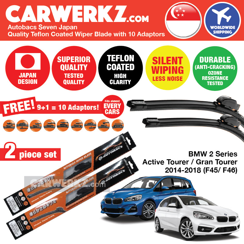 Autobacs Seven Japan Teflon Coated Flex Aerodynamic Wiper Blade with 10 Adaptors for BMW Active / Gran Tourer 2014-2018 F45 F46 (26"+19") - CarWerkz