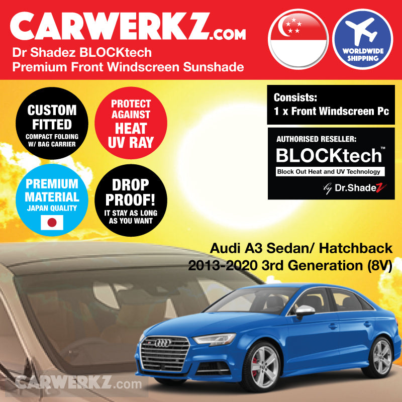 Dr Shadez BLOCKtech Premium Front Windscreen Foldable Sunshade for Audi A3 S3 Sedan Hatchback 2013-2020 3rd Generation (8V)