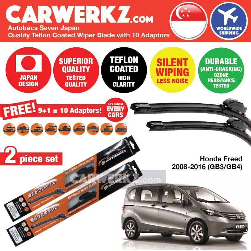 Autobacs Seven Japan Teflon Coated Flex Aerodynamic Wiper Blade with 10 Adaptors for Honda Freed 2008-2016 1st Generation (GB3 GB4) (26 inch + 14 inch) - CarWerkz