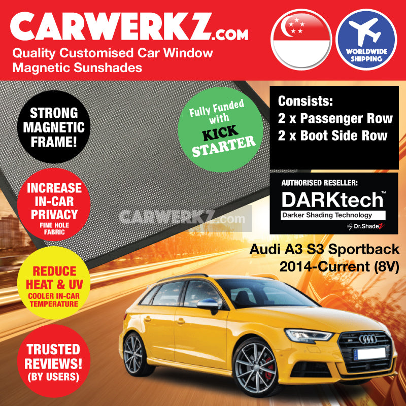 DARKtech Audi A3 S3 Sportback 2013-Current 3rd Generation (8V) Germany Hatchback Car Customised Magnetic Sunshades