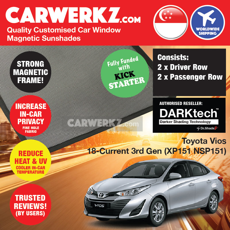 DARKtech Toyota Vios 2018-2022 3rd Generation (XP151 NSP151) Customised Japan Sedan Window Magnetic Sunshades - carwerkz sg