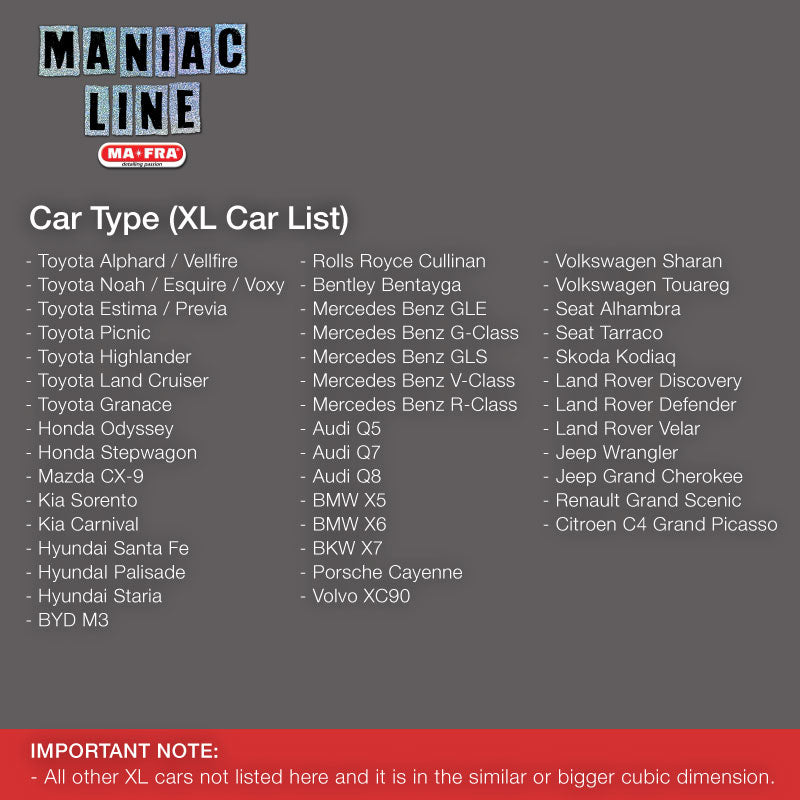 Maniac Line Exterior Car Spa Wash XL Cars List - Mafra Singapore Official