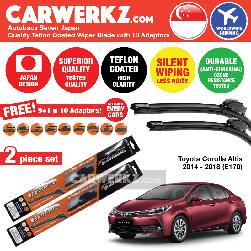 Autobacs Seven Japan Teflon Coated Flex Aerodynamic Wiper Blade with 10 Adaptors for Toyota Corolla Altis 2014-2018 E170 (26"+14") - CarWerkz