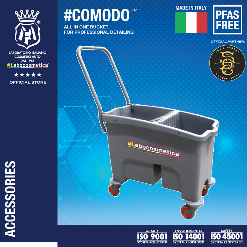 Labocosmetica COMODO Professional Detailing Wash Bucket with Wheeled (With handle bar, wash tank, rinse tank, grid guard, drainage outlet and wheels) - Labocosmetica Official Store Singapore