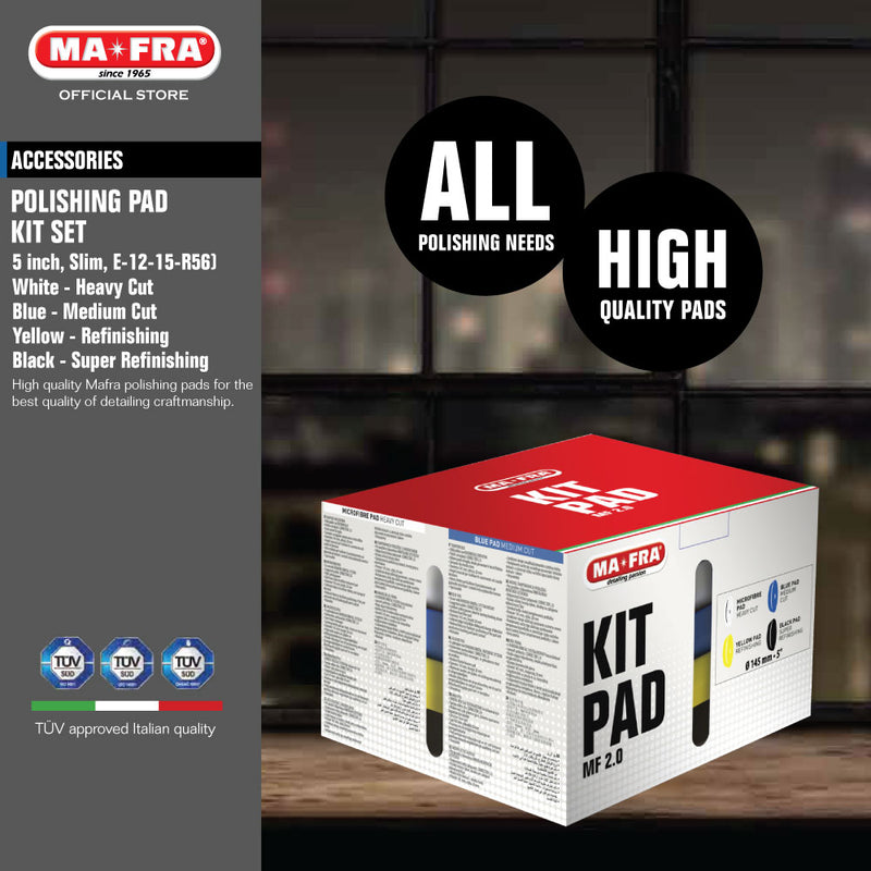 Mafra Detailing Polishing Pad Kit Set (5 inch Slim Mix E-12-15-R56 Yellow, Black, Blue and Microfibre) - Mafra Official Store Singapore