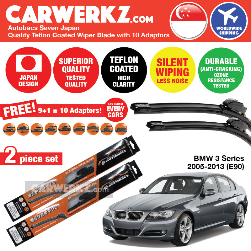 Autobacs Seven Japan Teflon Coated Flex Aerodynamic Wiper Blade with 10 Adaptors for BMW 3 Series 2005-2013 5th Generation (E90) (24"+19") - CarWerkz