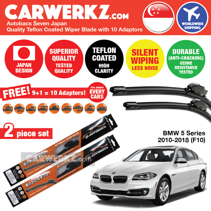 Autobacs Seven Japan Teflon Coated Flex Aerodynamic Wiper Blade with 10 Adaptors for BMW 5 Series 2010-2018 F10 (26"+18") - CarWerkz