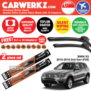Autobacs Seven Japan Teflon Coated Flex Aerodynamic Wiper Blade with 10 Adaptors for BMW X3 2010-2018 2nd Generation (F25) (26 inch + 20 inch) - CarWerkz
