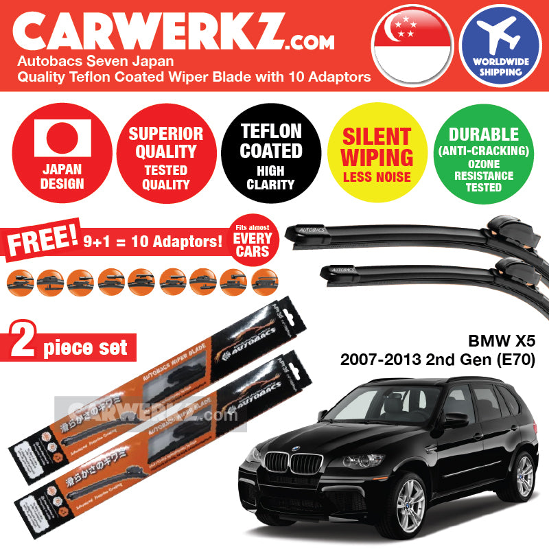 Autobacs Seven Japan Teflon Coated Flex Aerodynamic Wiper Blade with 10 Adaptors for BMW X5 2007-2013 2nd Generation (E70) (24 inch + 20 inch) - CarWerkz