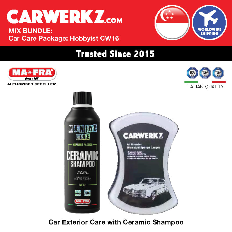 MIX BUNDLE: Mafra Car Care Package (Hobbyist Basic CW16) Car Exterior Care Maniac Line Ceramic Shampoo and Carwerkz Multi Purpose Sponge - carwerkz singapore sg