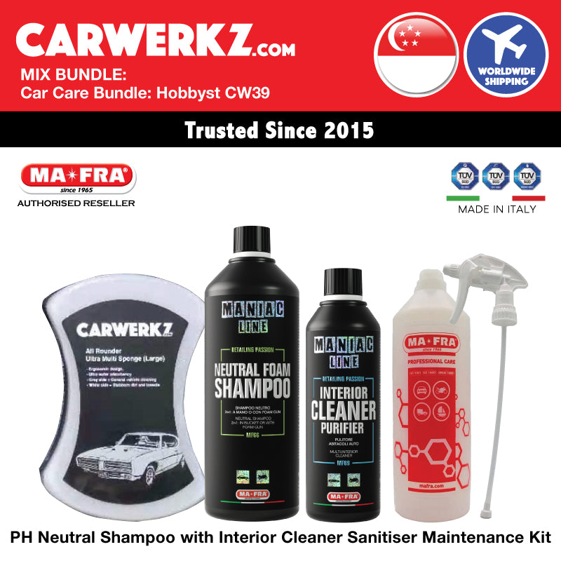 MIX BUNDLE: Mafra Maniac Line Car Care Package (Hobbyist Intermediate CW39) PH Neutral Shampoo with Interior Cleaner Sanitiser Maintenance Kit - carwerkz singapore sg