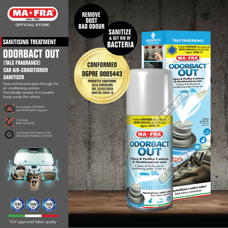 Mafra Odorbact Out Air Conditioner Cleaning Purifier 150ml (Talc Fragrance) (EU Legislated against Covid-19) - carwerkz singapore sg