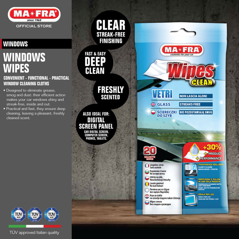 Mafra Window Glass Wipes 20's (Cleans and freshen car windows glass LCD LED screen porous microfibre disposable fabric) Suitable for house mirror and phone screen - carwerkz sg singapore
