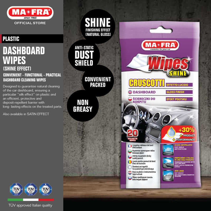 Mafra Dashboard Interior Wipes Shine Effect 20's (Convenient disposable car cleaning porous microfibre fabric wipes for car interior upholstery) - carwerkz sg singapore