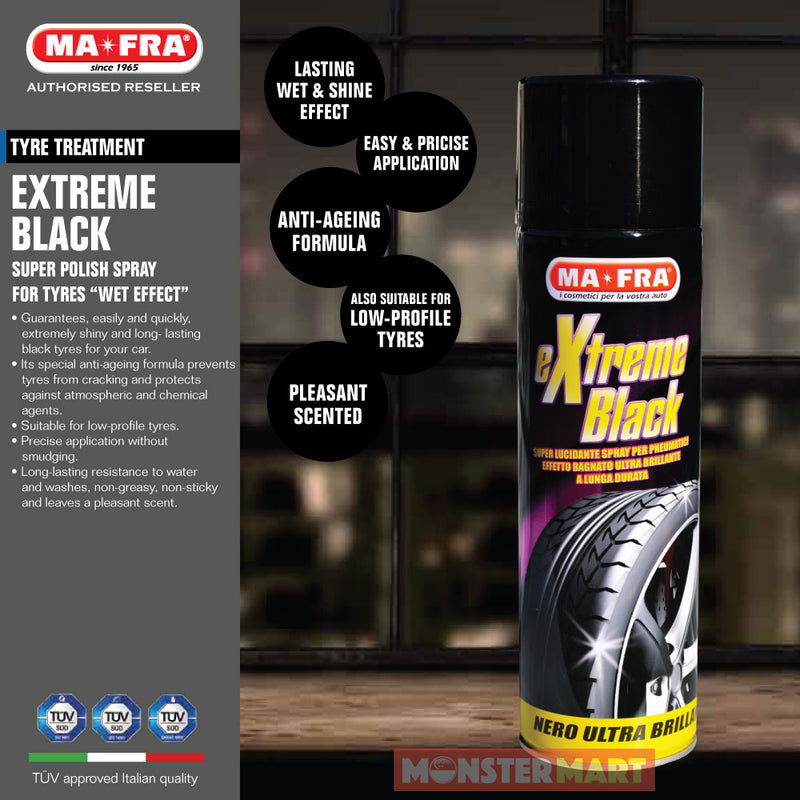 Mafra Extreme Black Super Polish Tyres Spray 500ml (Ultra bright, anti cracking and wet effect wheels and tyres. Can be used for bicycles and motorcycles) - carwerkz sg singapore
