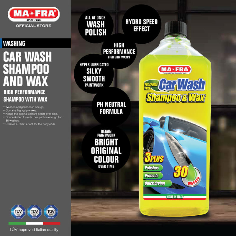 Mafra Car Wash Shampoo and Wax 1L (PH Neutral Hyper Lubricated Hydro Speed Brilliant Shine Effect) - mafra official store singapore sg