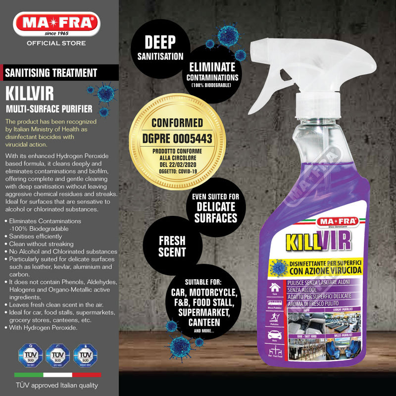 Mafra Killvir Multi Surface Deep Clean Disinfectant Spray 500ml (Recognised and Conformed to Legislation Disinfectant, DGPRE 5443 Object: COVID-19) - carwerkz singapore sg