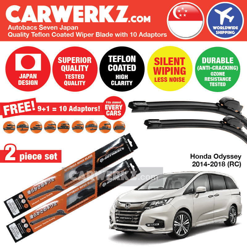 Autobacs Seven Japan Teflon Coated Flex Aerodynamic Wiper Blade with 10 Adaptors for Honda Odyssey 2014-2019 5th Generation (RC) (28"+14")