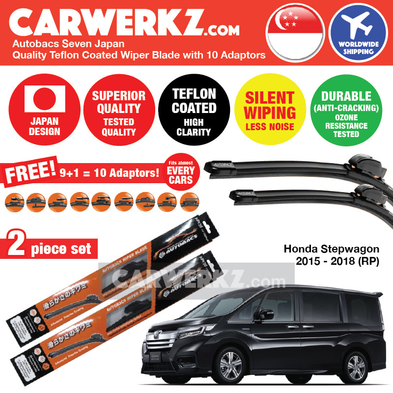 Autobacs Seven Japan Teflon Coated Flex Aerodynamic Wiper Blade with 10 Adaptors for Honda Stepwgn Stepwagon Spada 2015-2019 5th Generation (RP) (28"+14") - CarWerkz