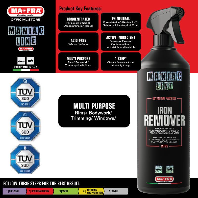 Mafra Maniac Line Iron Remover 1L (Concentrated PH Neutral clean decontaminate wheel rims brake dust car paintwork logo emblem chrome trimming) - Mafra Maniac Line Official Store Singapore SG
