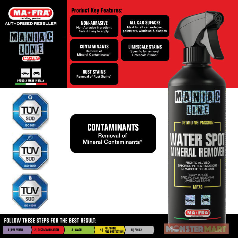 Mafra Maniac Line Water Spot Mineral Remover 500ml (Decontaminant for water acid rain limescale stains for car surface windows Non abrasive) - carwerkz sg singapore