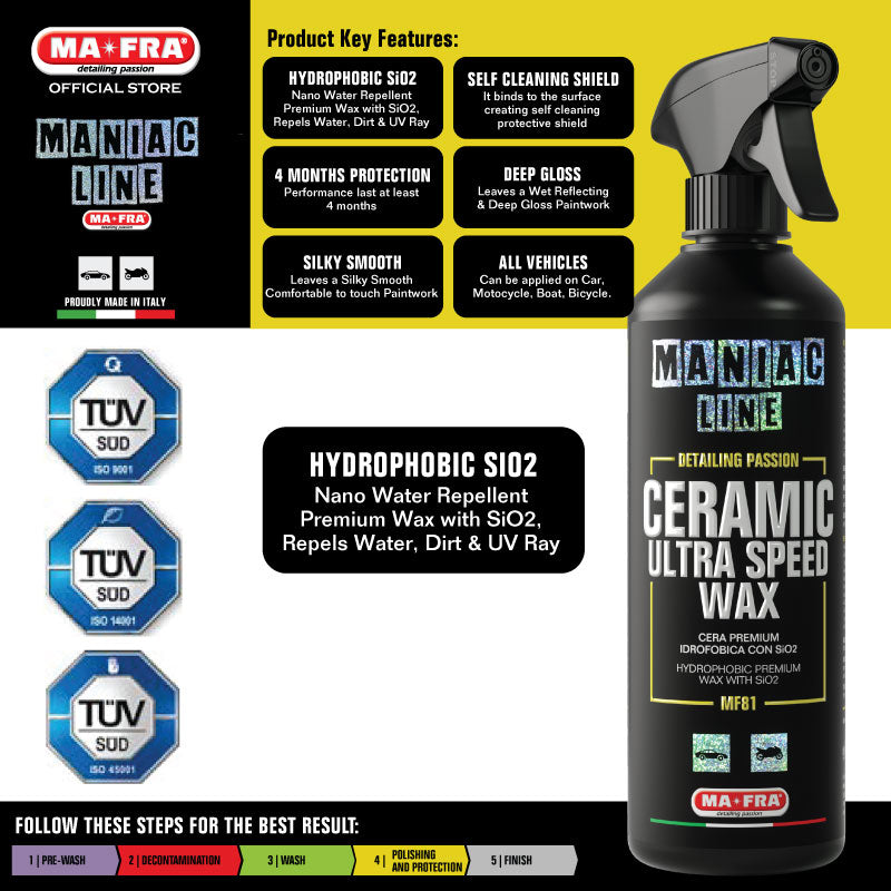 Mafra Maniac Line Ceramic Ultra Speed Wax 500ml (Super Hydrophobic SiO2 w/ Premium Wax spray deep gloss anti UV Water Repel Paintwork and Rims Protection) - Mafra Maniac Line Official Store Singapore SG