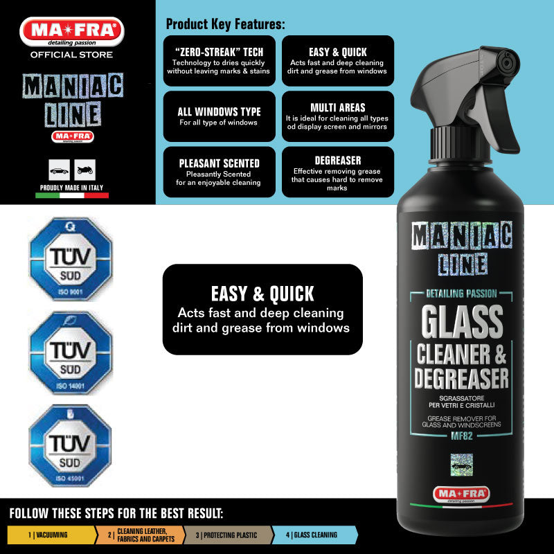 Mafra Maniac Line Glass Cleaner and Degreaser 500ml (Dries quickly on glass and crystal with Zero-Streak technology) - carwerkz sg singapore