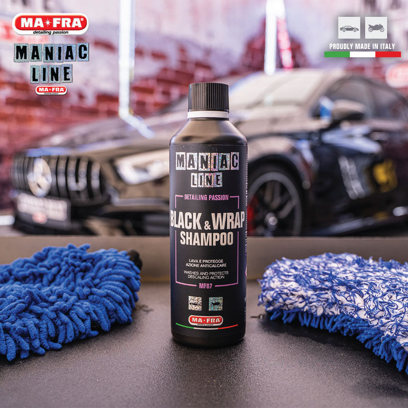 Mafra Maniac Line Black and Wrap Shampoo 500ml (Special formulated 2 in 1 Revitalise Rejuvenate Anti Limescale for Dark Colour Black PPF Matte Film Coated Cars)