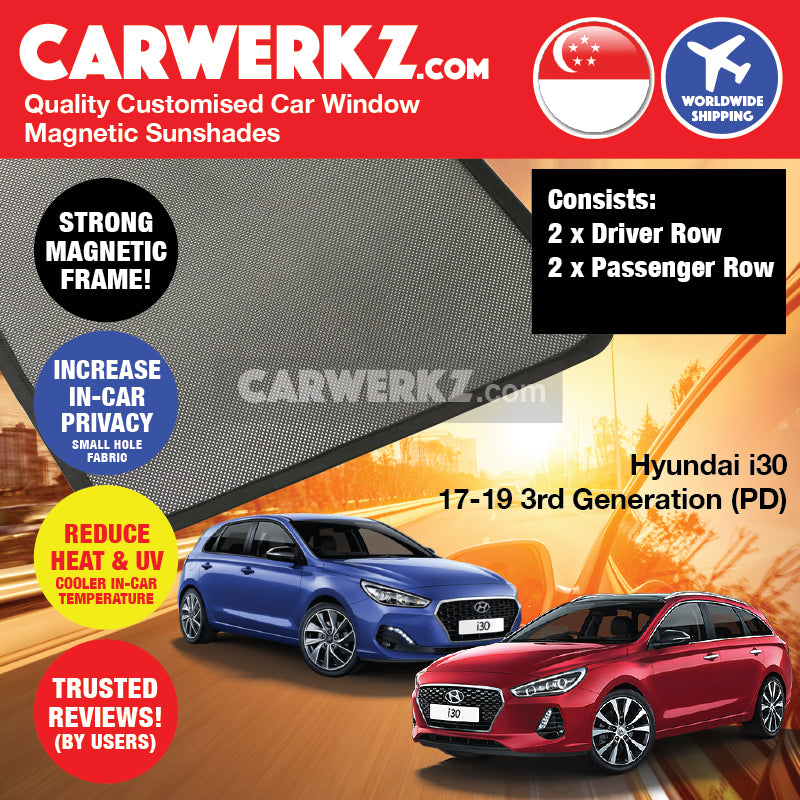 Hyundai i30 Hatchback Stationwagon 2017-2020 3rd Generation (PD) Korean Car Customised Magnetic Sunshades - CarWerkz