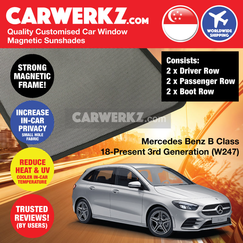 Mercedes Benz B Class 2018 2019 2020 2021 3rd Generation (W247) Germany Hatchback Customised Car Window Magnetic Sunshades 6 Pieces - carwerkz germany singapore japan australia