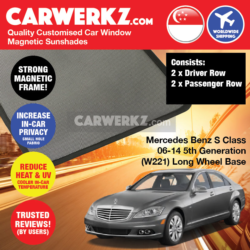 Mercedes Benz S Class 2006-2014 5th Generation (W221) (Long Wheel Base) Customised Germany Luxury Sedan Window Magnetic Sunshades - CarWerkz