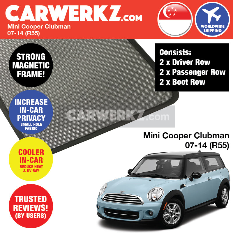 Mini Cooper S Clubman 2007-2014 1st Generation (R55) Customised Car Window Magnetic Sunshades 6 Pieces - CarWerkz