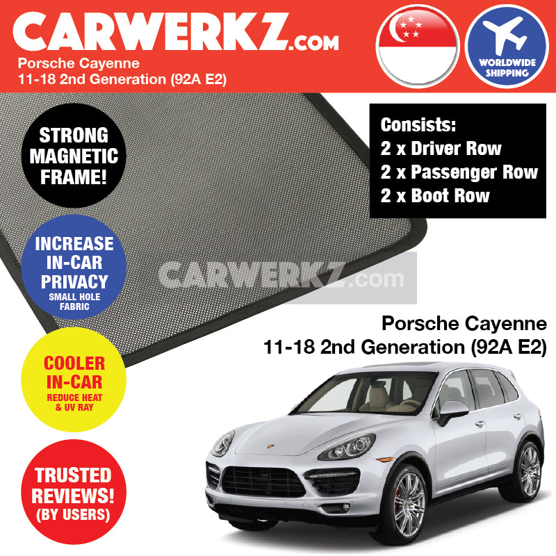 Porsche Cayenne 2015-2017 2nd Generation (92A E2) FACELIFTED Germany Mid Size Luxury Crossover Customised Car Window Magnetic Sunshades - CarWerkz