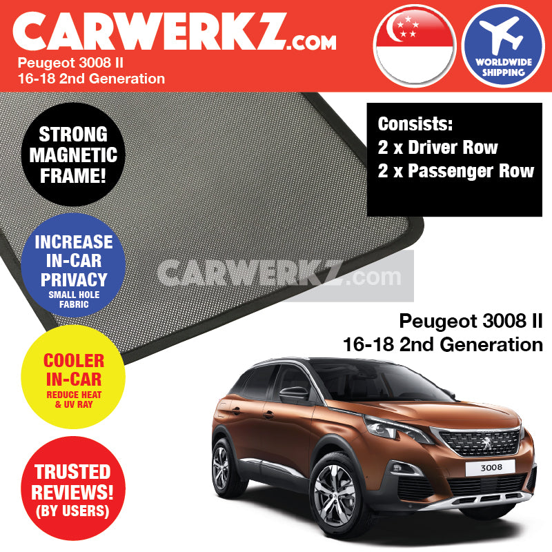 Peugeot 3008 II 2016-2020 2nd Generation France Compact Crossover Customised SUV Window Magnetic Sunshades - CarWerkz