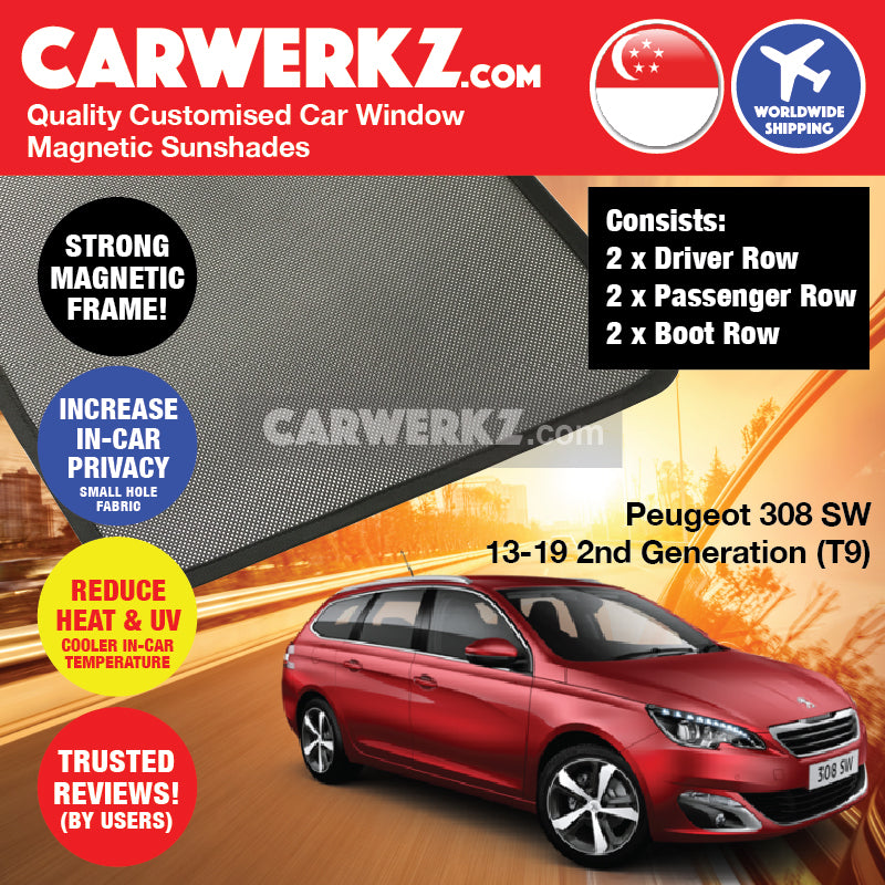 Peugeot 308 SW Stationwagon 2013-2020 2nd Generation (T9) French Automotive Customised Car Window Magnetic Sunshades - CarWerkz