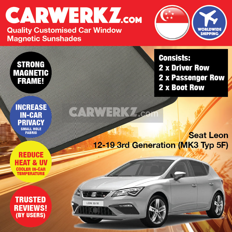 Seat Leon 2012-2020 3rd Generation (MK3 Typ 5F) Spain Hatchback Compact Customised Car Window Magnetic Sunshades - CarWerkz