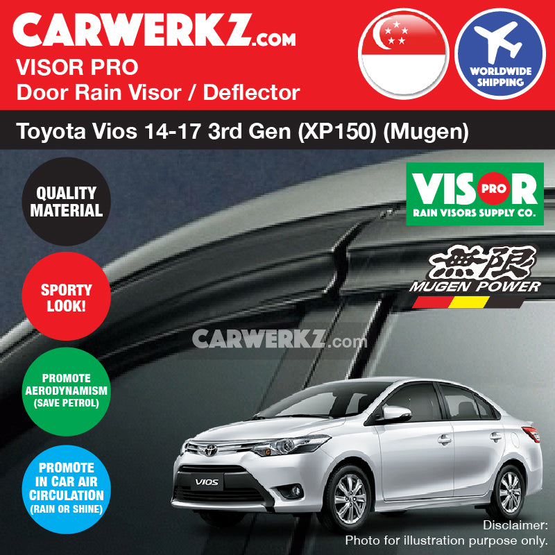 VISOR PRO Toyota Vios 2014-2017 3rd Generation (XP150) Mugen Style Door Visors Rain Visors Rain Deflector Rain Guard - CarWerkz.com