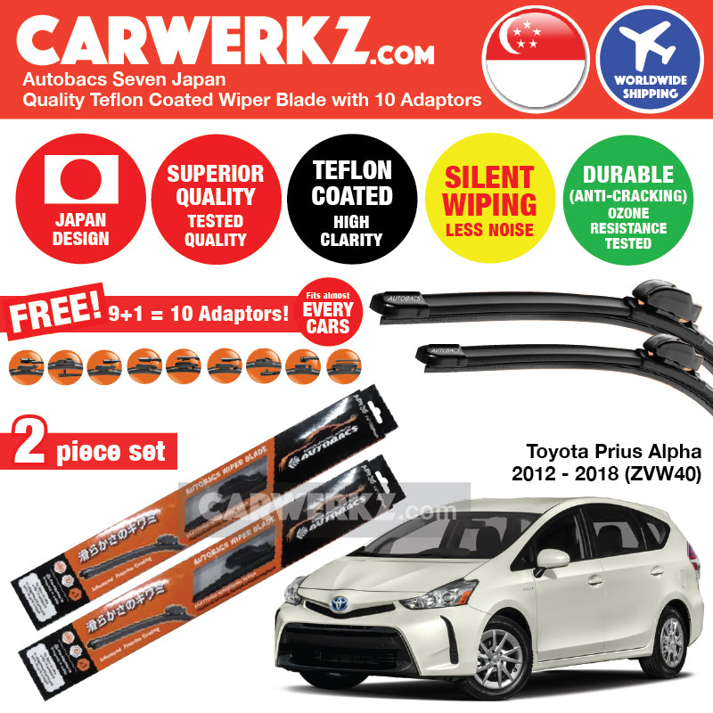 Autobacs Seven Japan Teflon Coated Flex Aerodynamic Wiper Blade with 10 Adaptors for Toyota Prius Alpha Prius V Prius Plus Grand Prius Wagon 2012-2018 (ZVW40) (26 inch + 16 inch) - CarWerkz