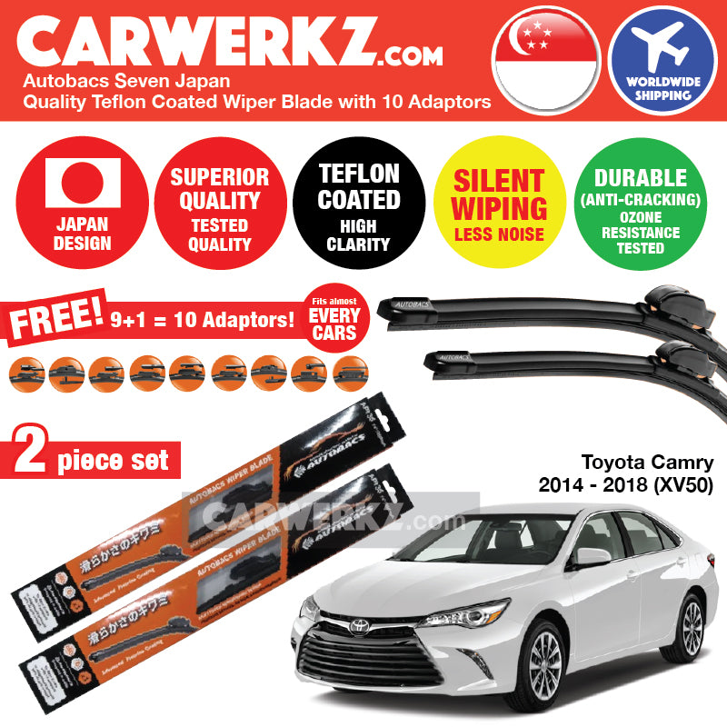 Autobacs Seven Japan Teflon Coated Flex Aerodynamic Wiper Blade with 10 Adaptors for Toyota Camry 2014-2018 (XV50) (26 inch + 18 inch) - CarWerkz